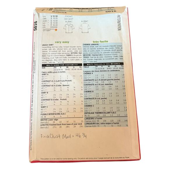 Butterick 5016 Unisex Mens Womens Button Up Shirt 3 Styles Pocket Hawaiian Uncut - Picture 3 of 3